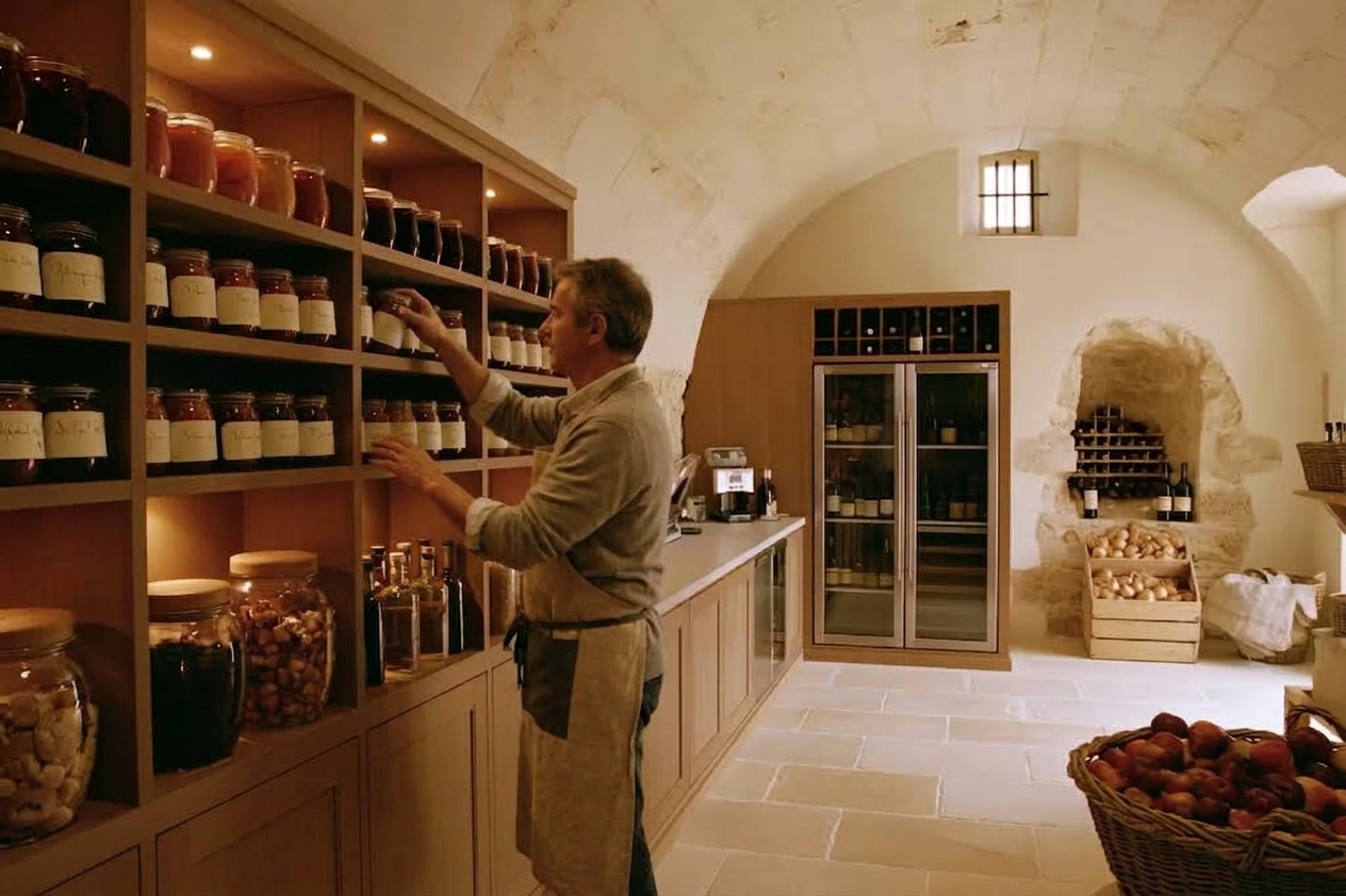 A steward arranging the estate's preserves in the vaulted pantry