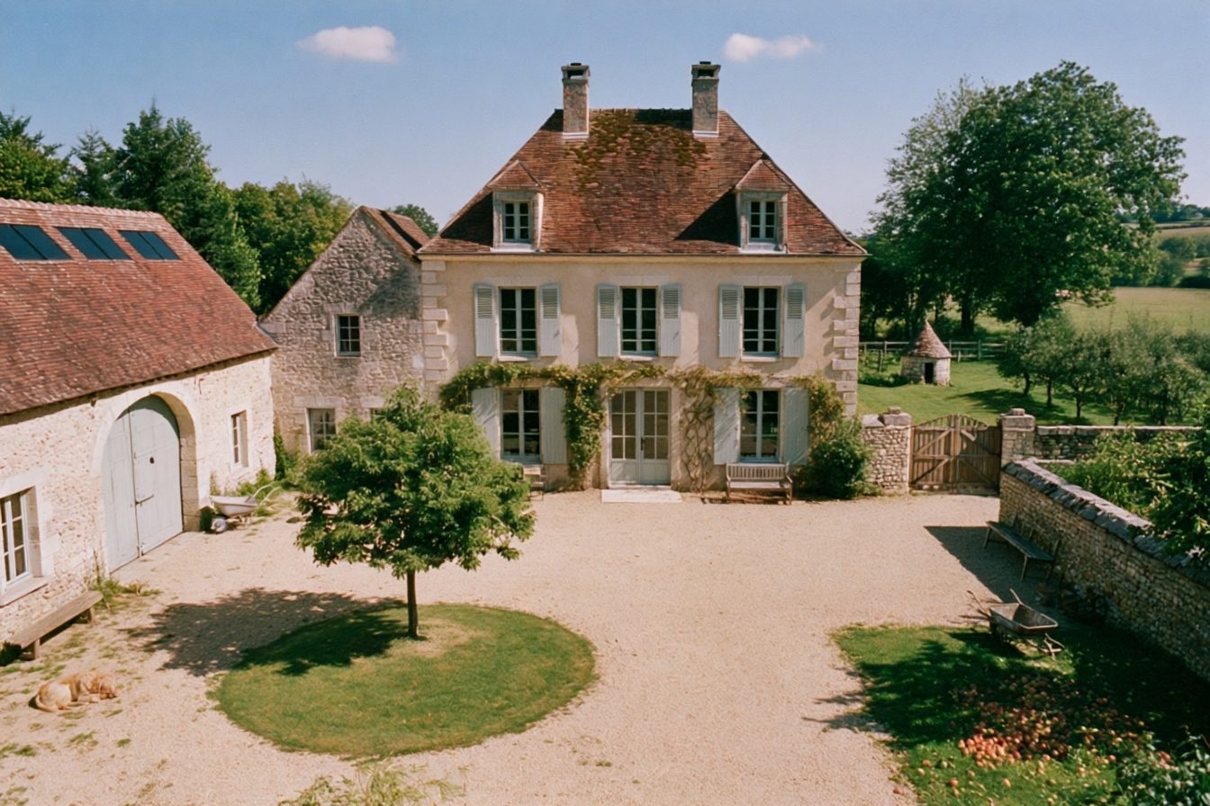 The same estate restored to the Belcourt Standard, lime render and pale grey-blue shutters