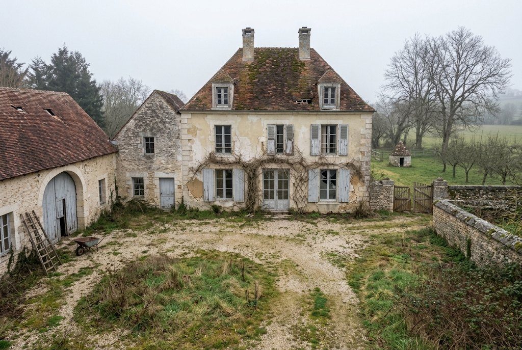 The estate before restoration, render falling from the walls and shutters missing