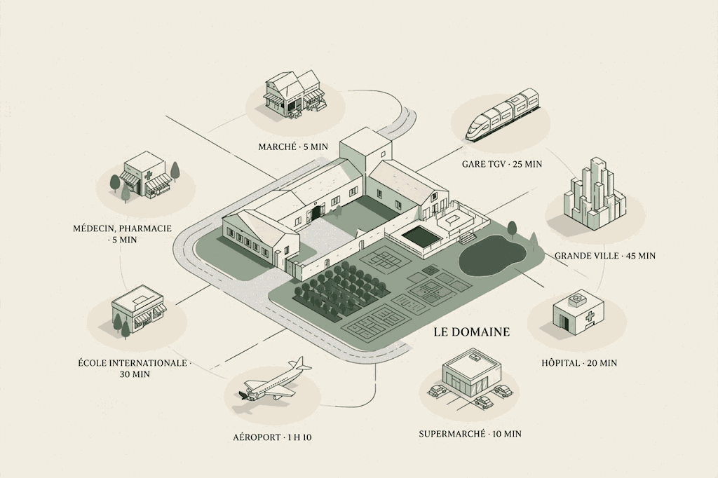 Schéma d’un domaine et des temps de trajet vers les services essentiels à proximité