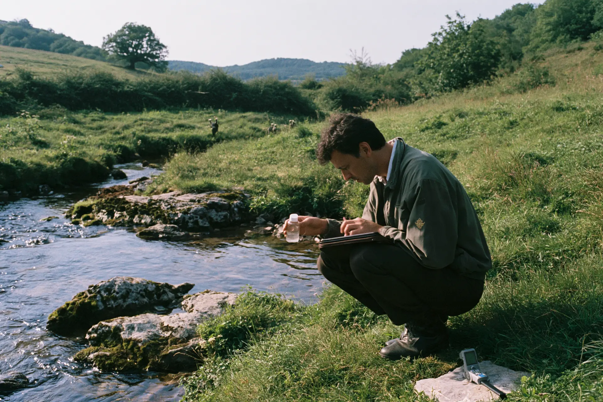 A land surveyor analysing stream water on an estate