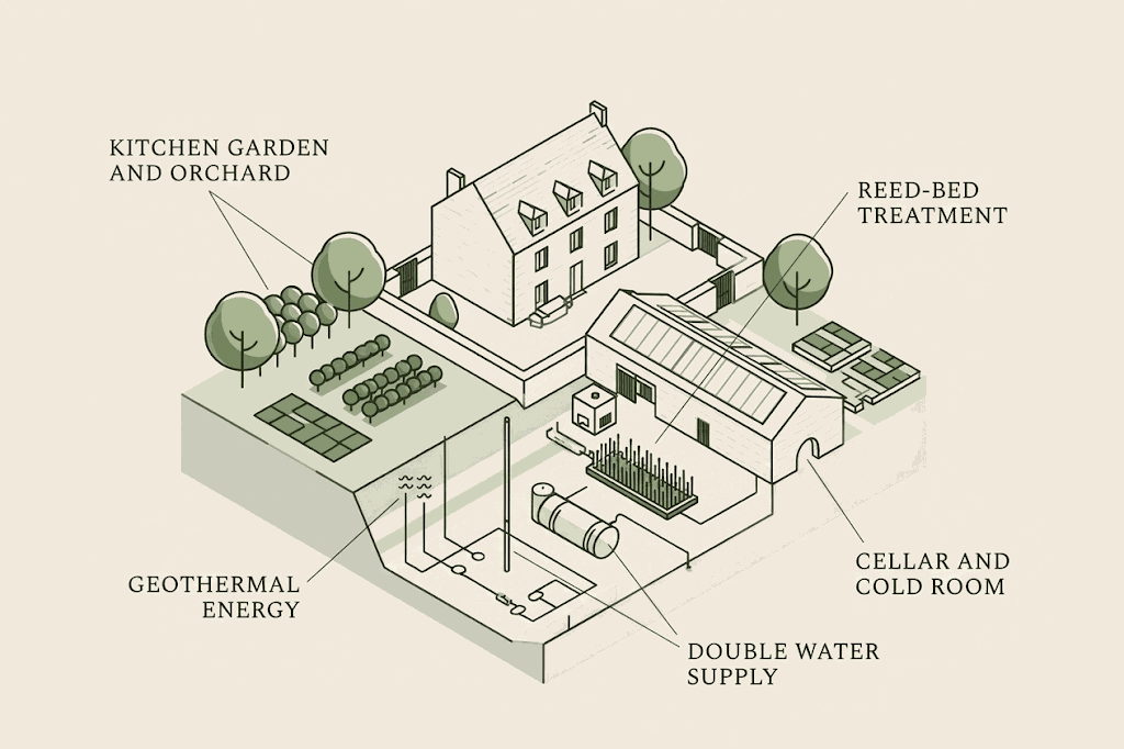 Diagram of a stone farmhouse and its outbuildings showing the technical installations of the Belcourt Standard: kitchen garden and orchard, planted water treatment, cellar and cold room, the estate's own water and geothermal energy