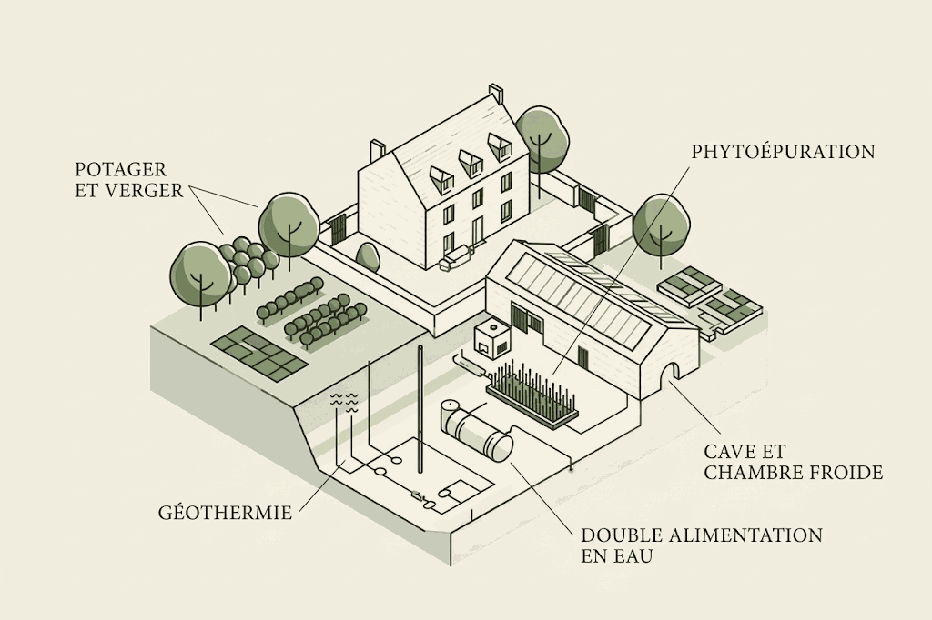 Schéma d'une ferme en pierre et de ses dépendances présentant les installations techniques du Standard Belcourt : potager et verger, traitement par filtres plantés, cave et chambre froide, l'eau du domaine et géothermie