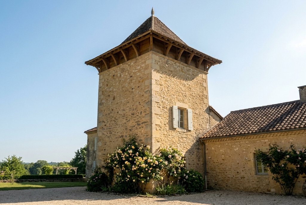 The stone tower and its pyramidal roof