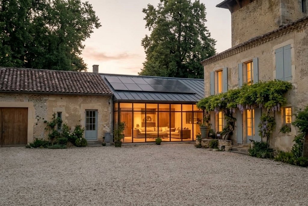 The gravel courtyard at dusk, the glazed wing lit between the barn and the house