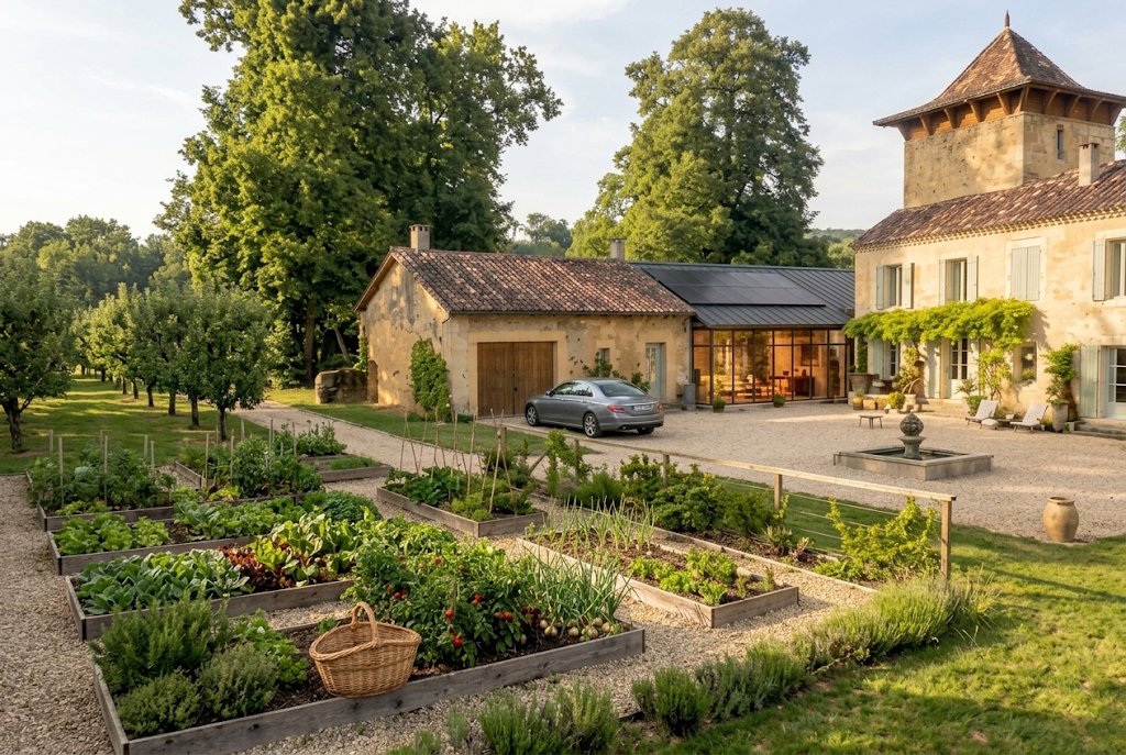 The raised-bed kitchen garden in front of the wing and veranda