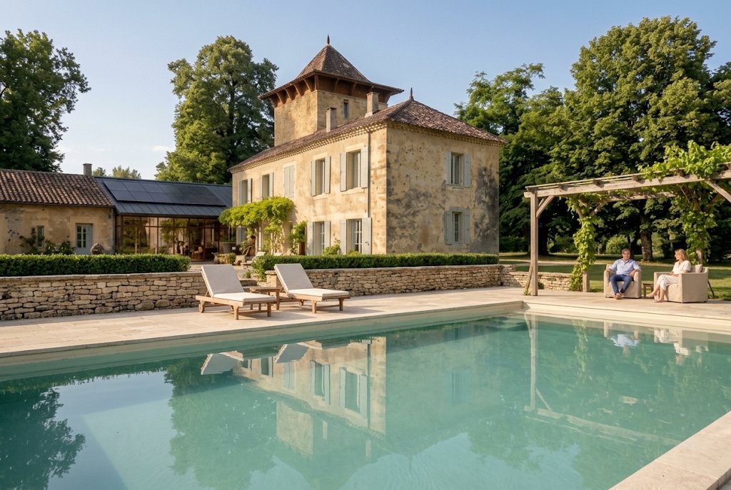 The pool terrace facing the house