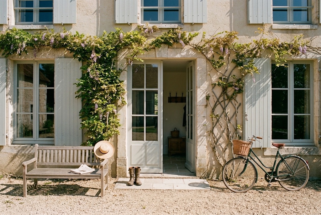The manor entrance under the wisteria