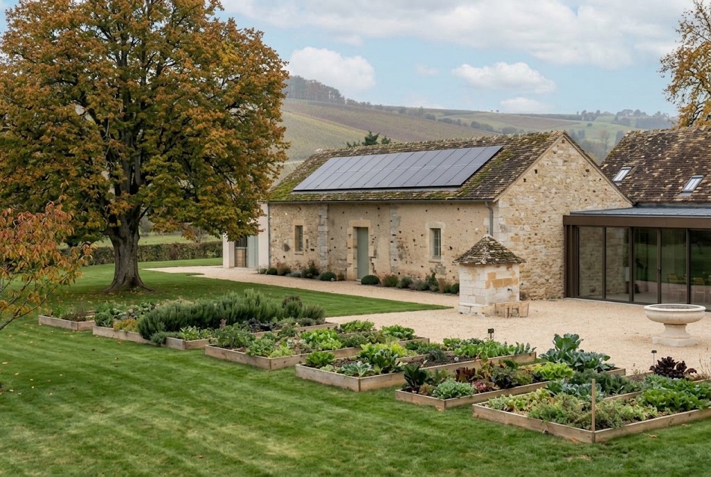 The raised-bed kitchen garden before the vineyards