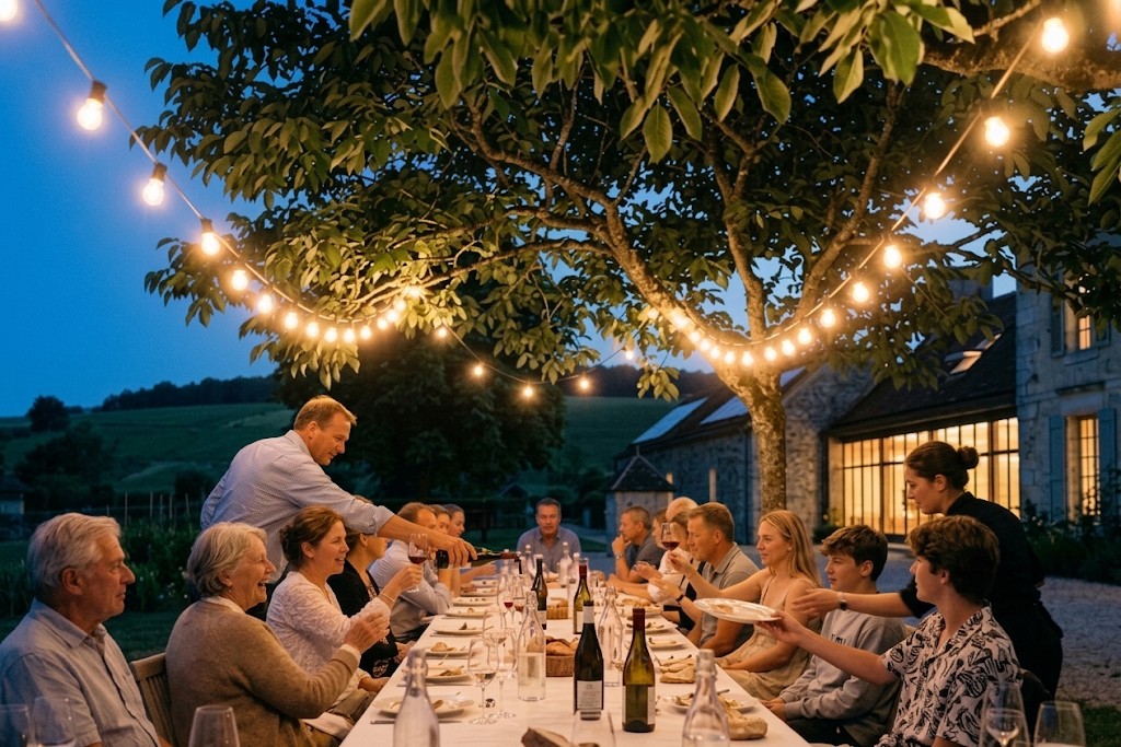 The long dinner table under the festoon lights