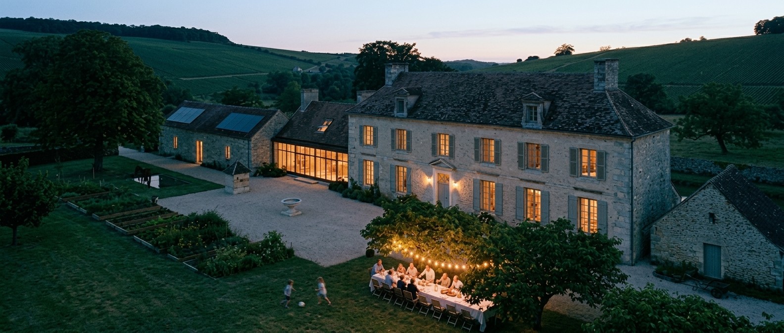 Domaine de Montrevel, summer dinner under the lime trees at dusk
