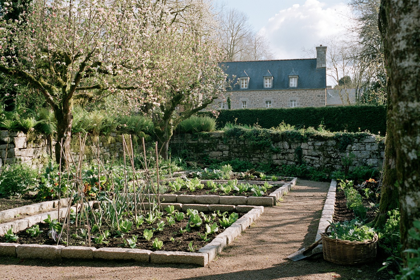 The walled kitchen garden and the apple blossom