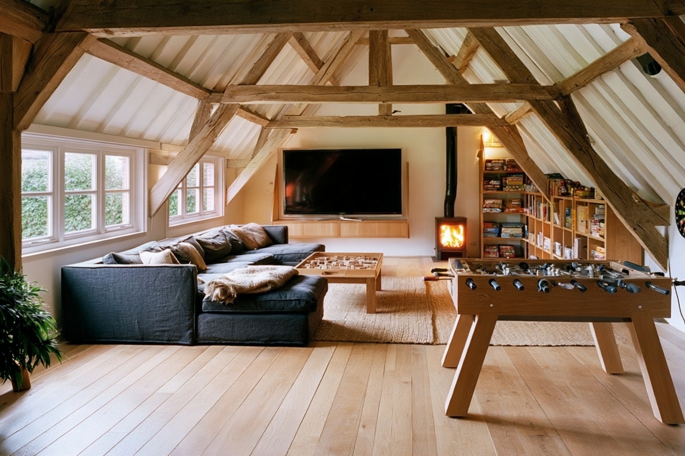 The games room under the roof timbers