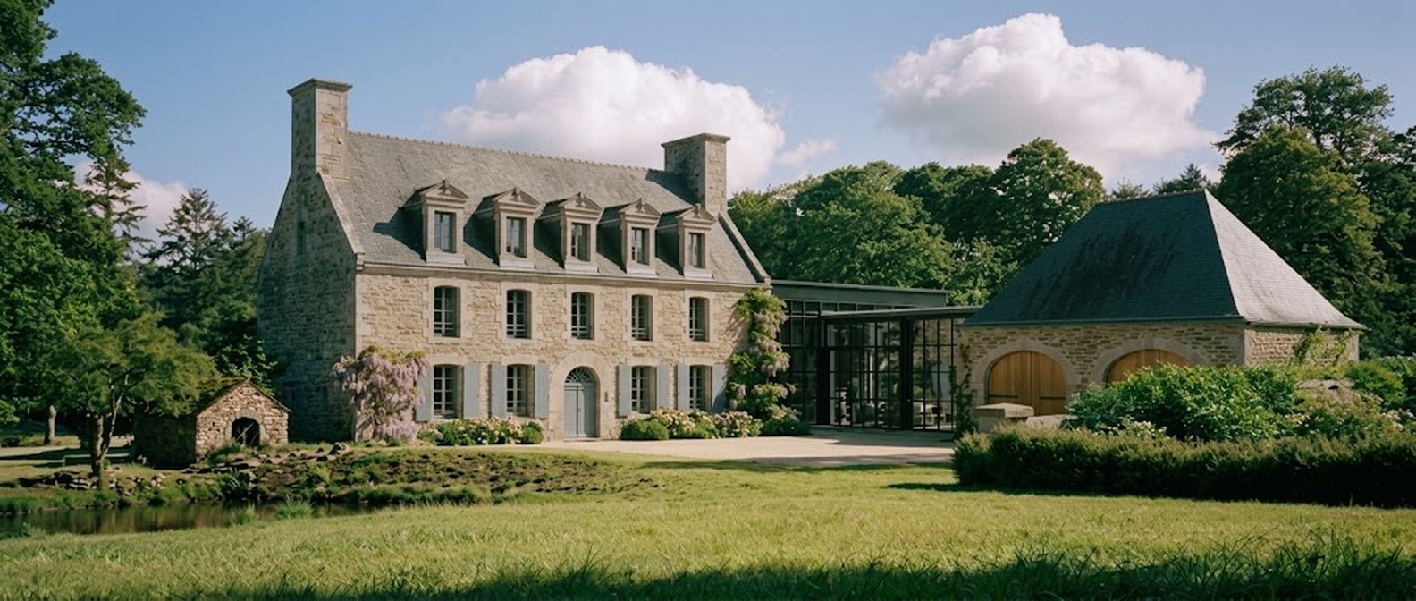 Domaine de Kerhuel, the manor, its glazed gallery and the barn by the water