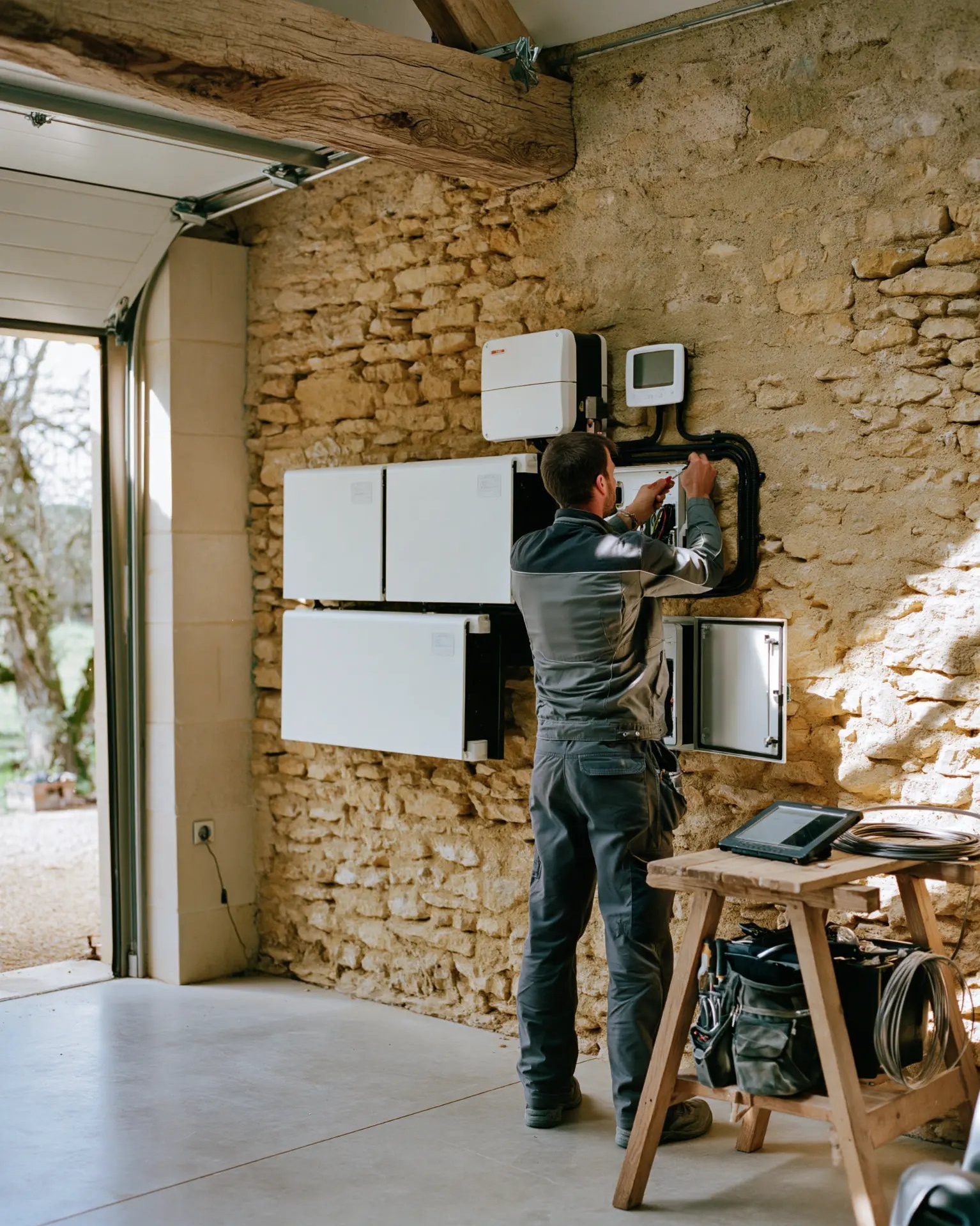 A technician wiring the electrical panel of a stone farmhouse