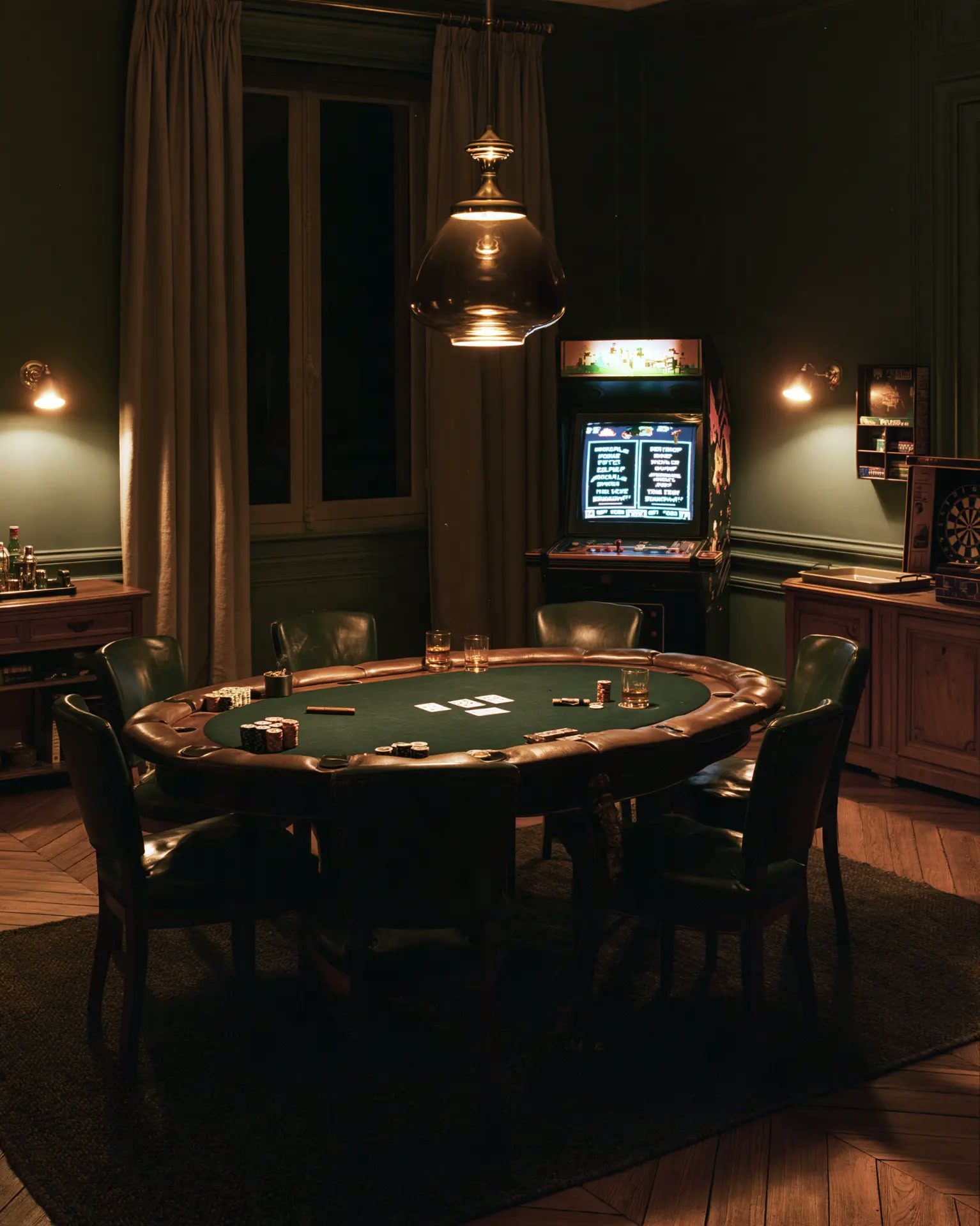 Poker table and arcade cabinet in the evening