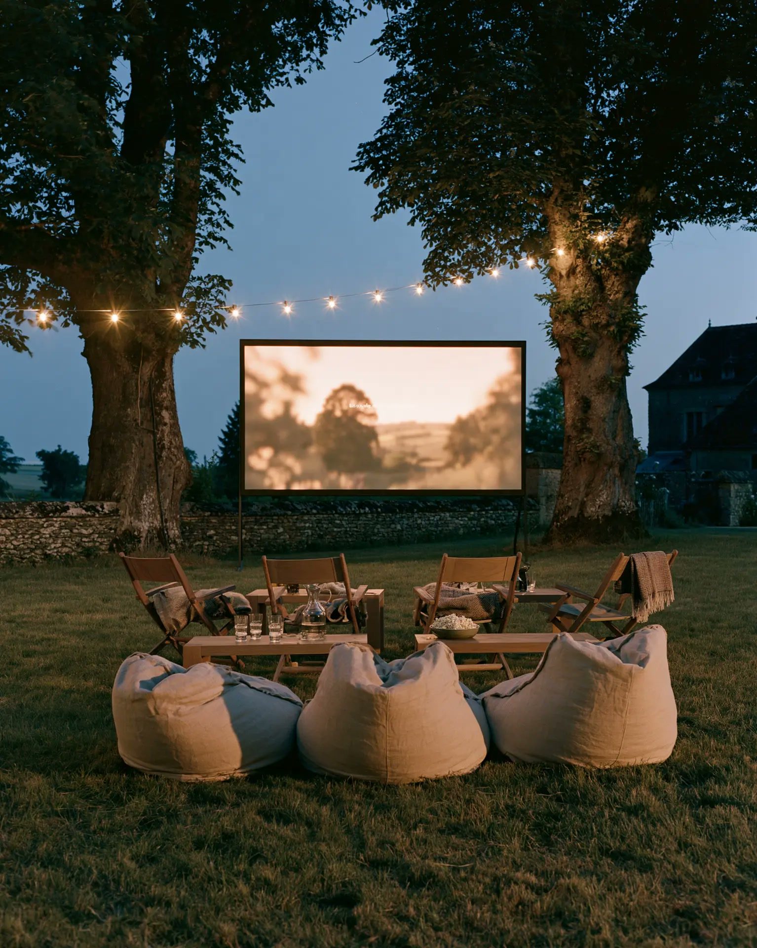 Outdoor cinema screen at dusk
