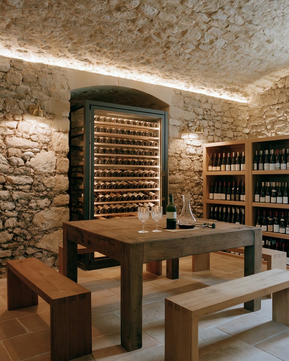 Vaulted cellar with wine cabinet and tasting table